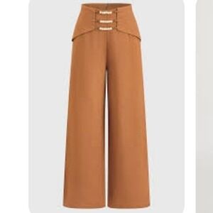 Commense Wide Leg Linen Blend Trousers Ginger Brown Beaded Detail High Waist L